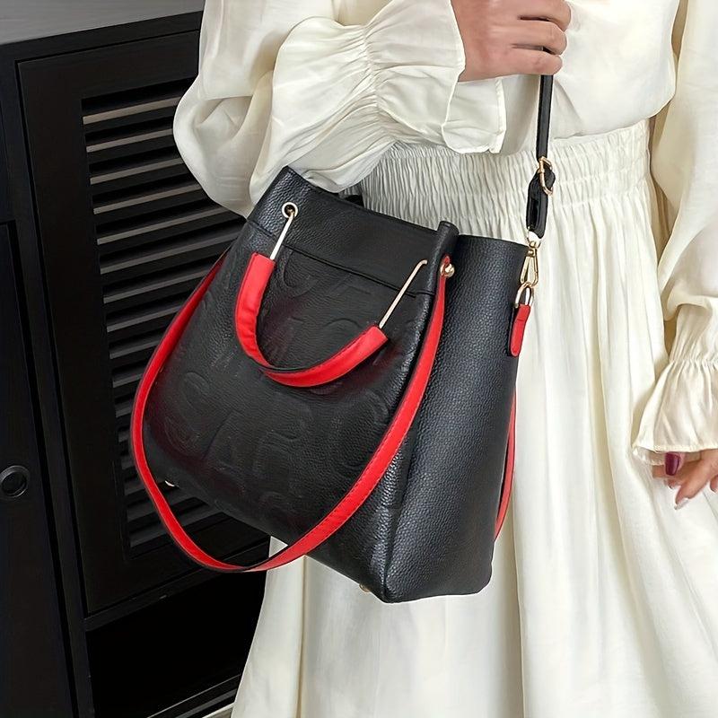 Embossed Letter Tote Satchel Handbag Classic Faux Leather Bag