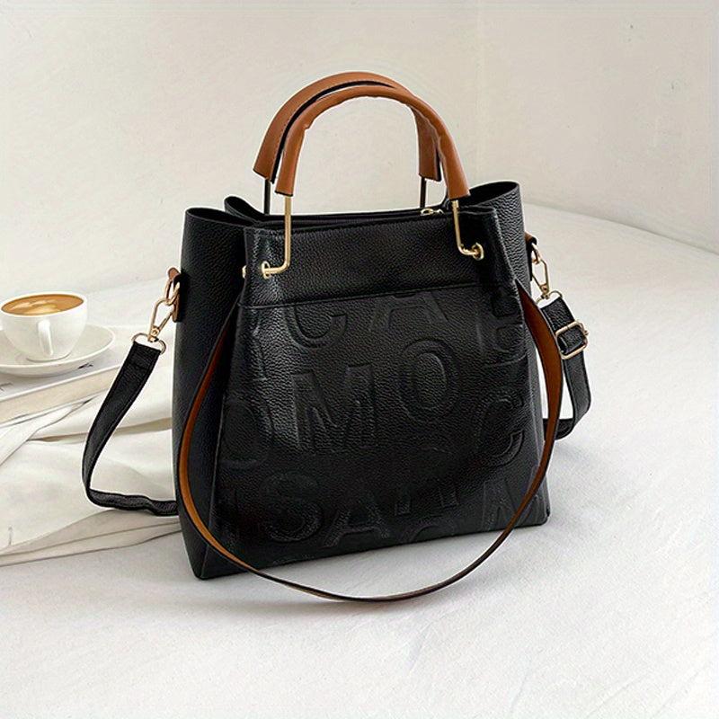 Embossed Letter Tote Satchel Handbag Classic Faux Leather Bag