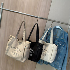 Letter Print Canvas Tote Bag Large Capacity Shoulder Bag