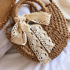 Straw Crossbody Bag with Scarf - Minimalist Woven Shoulder Bag
