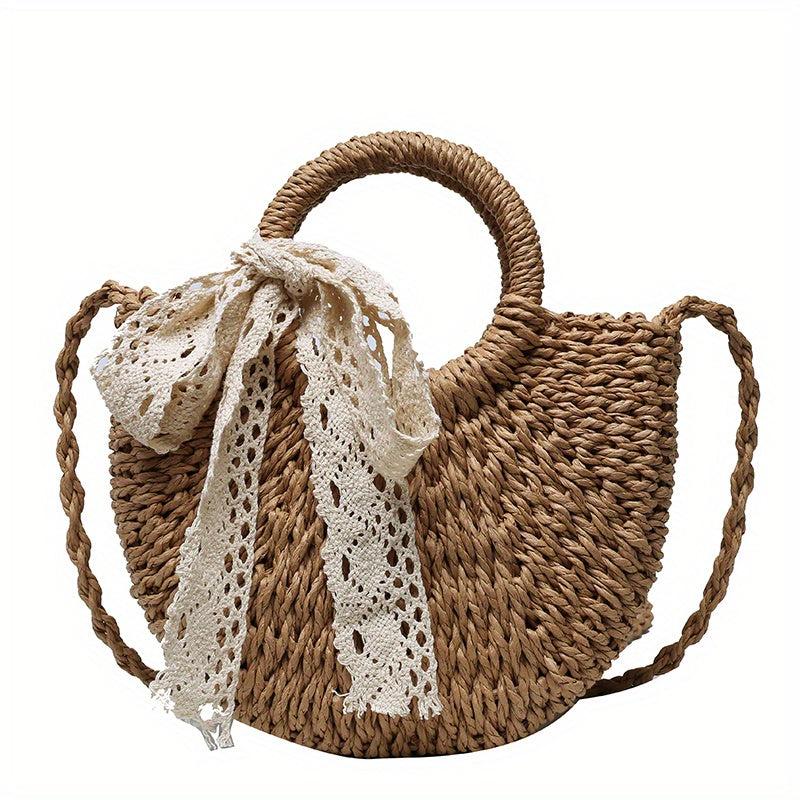 Straw Crossbody Bag with Scarf - Minimalist Woven Shoulder Bag