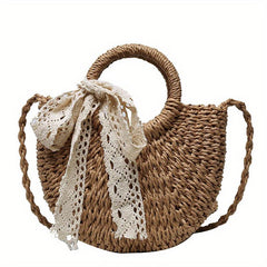 Straw Crossbody Bag with Scarf - Minimalist Woven Shoulder Bag