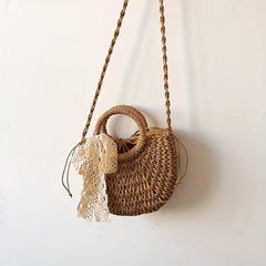Straw Crossbody Bag with Scarf - Minimalist Woven Shoulder Bag