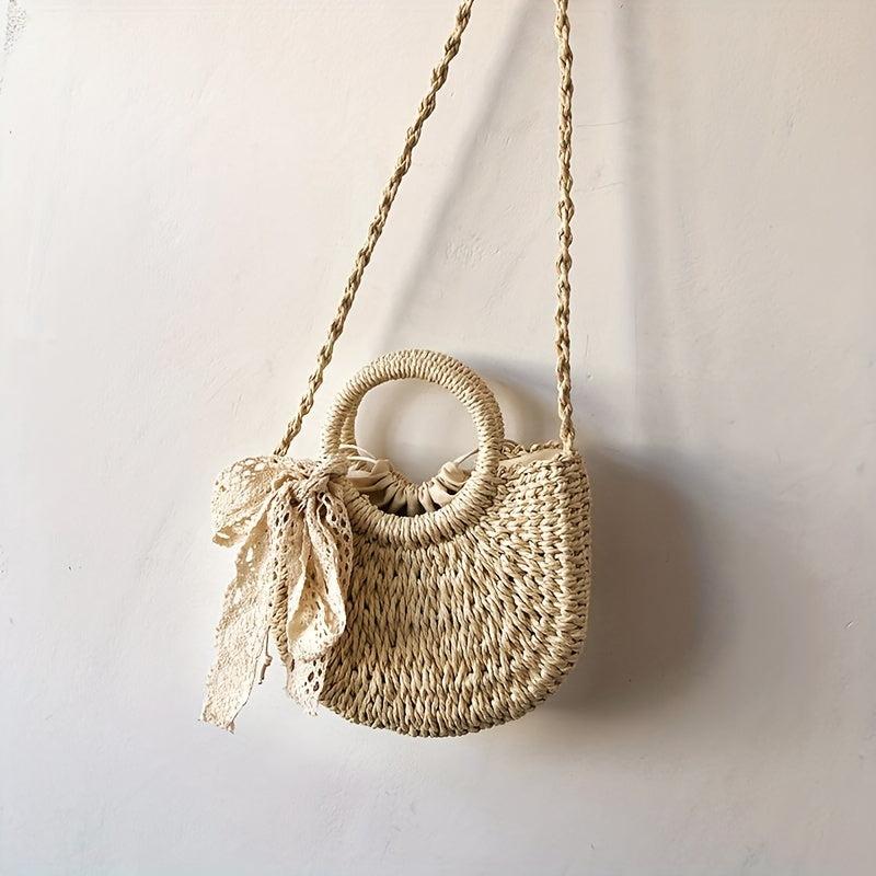 Straw Crossbody Bag with Scarf - Minimalist Woven Shoulder Bag