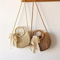 Straw Crossbody Bag with Scarf - Minimalist Woven Shoulder Bag