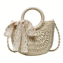 Straw Crossbody Bag with Scarf - Minimalist Woven Shoulder Bag
