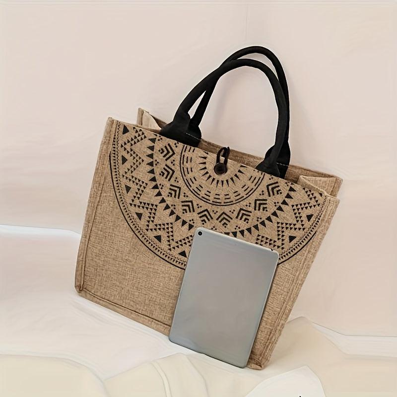 Geometric Pattern Burlap Tote Bag Large Capacity Lightweight Vintage