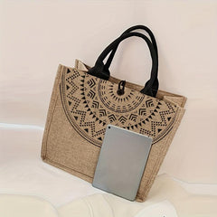 Geometric Pattern Burlap Tote Bag Large Capacity Lightweight Vintage