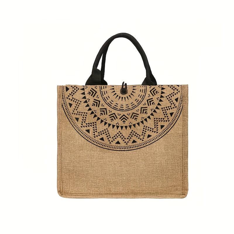 Geometric Pattern Burlap Tote Bag Large Capacity Lightweight Vintage