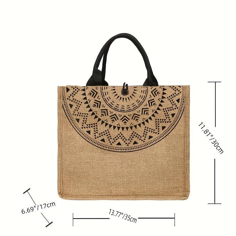 Geometric Pattern Burlap Tote Bag Large Capacity Lightweight Vintage