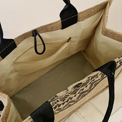 Geometric Pattern Burlap Tote Bag Large Capacity Lightweight Vintage