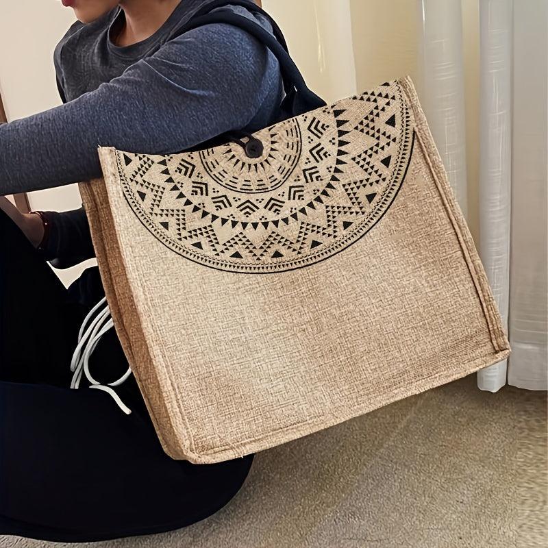 Geometric Pattern Burlap Tote Bag Large Capacity Lightweight Vintage