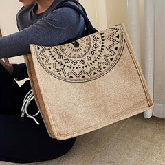 Geometric Pattern Burlap Tote Bag Large Capacity Lightweight Vintage