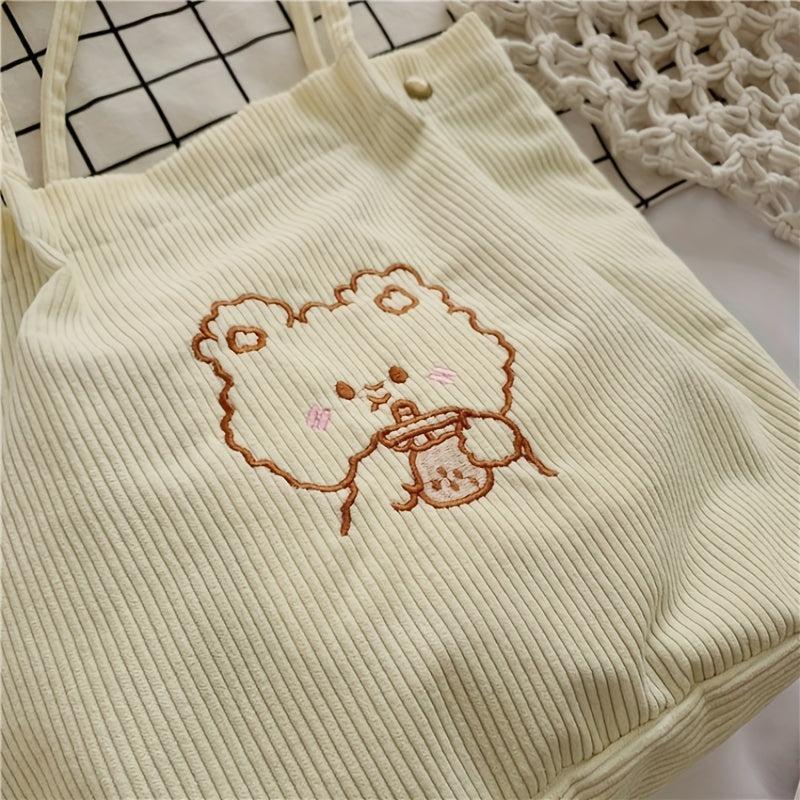 Bear Pattern Corduroy Bag Lightweight Tote Bag For School
