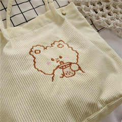 Bear Pattern Corduroy Bag Lightweight Tote Bag For School
