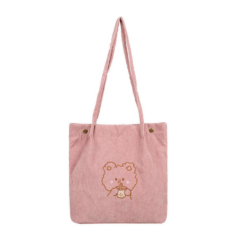 Bear Pattern Corduroy Bag Lightweight Tote Bag For School