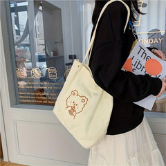 Bear Pattern Corduroy Bag Lightweight Tote Bag For School