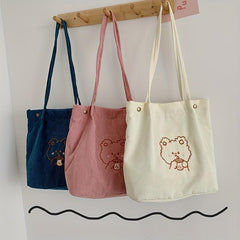 Bear Pattern Corduroy Bag Lightweight Tote Bag For School