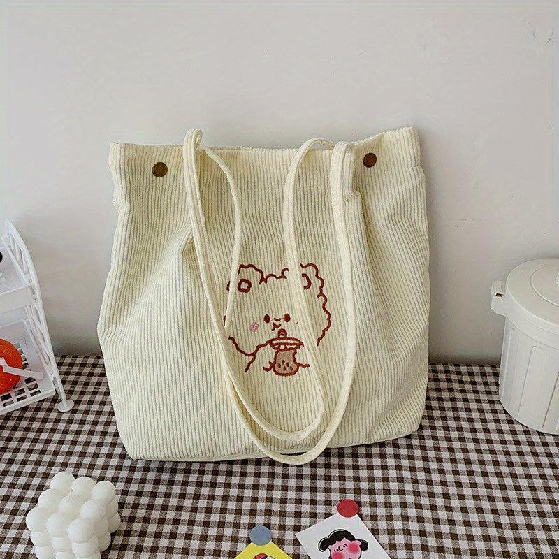 Bear Pattern Corduroy Bag Lightweight Tote Bag For School