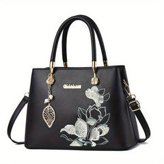 Floral Embroidered Leaf Decor Tote Bag Crossbody Satchel