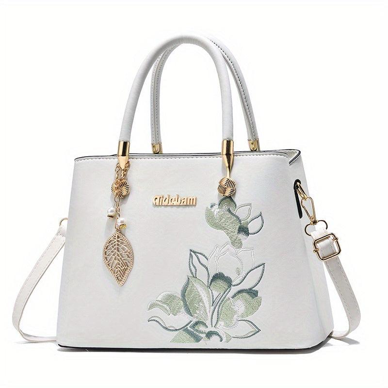 Floral Embroidered Leaf Decor Tote Bag Crossbody Satchel