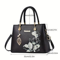 Floral Embroidered Leaf Decor Tote Bag Crossbody Satchel
