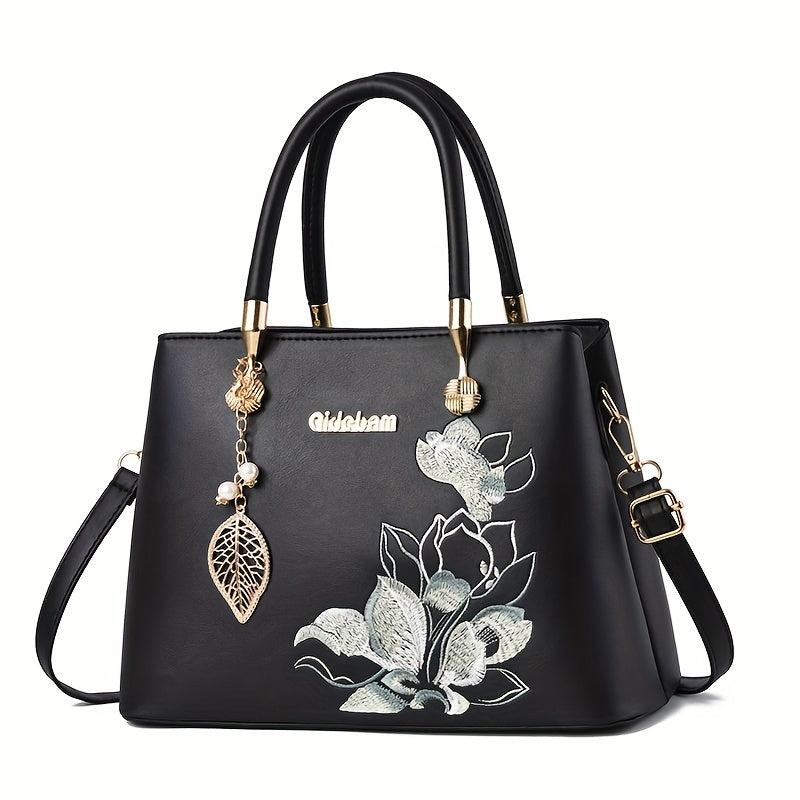 Floral Embroidered Leaf Decor Tote Bag Crossbody Satchel
