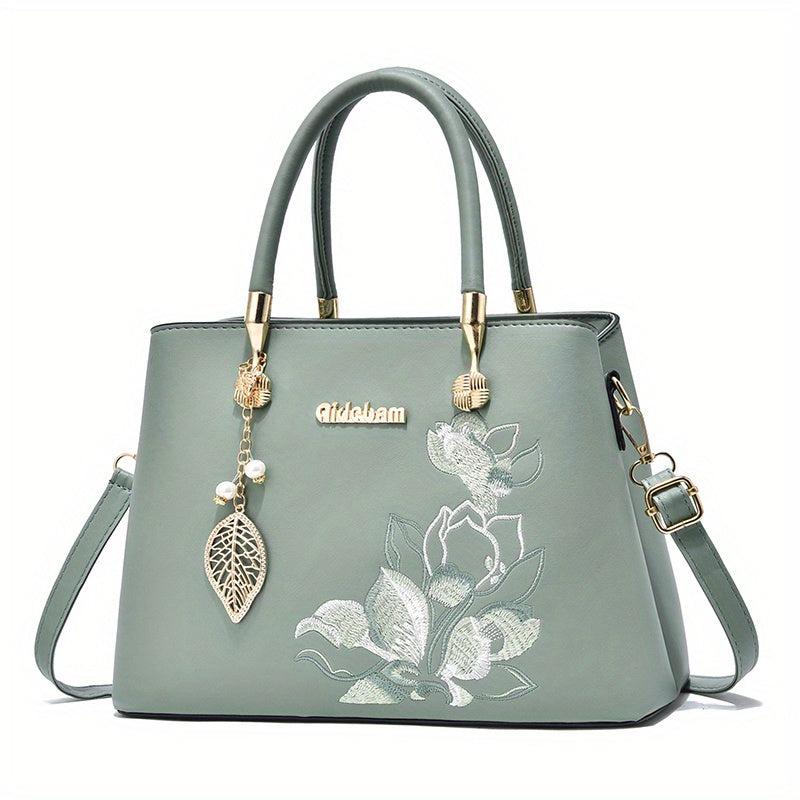 Floral Embroidered Leaf Decor Tote Bag Crossbody Satchel