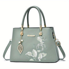 Floral Embroidered Leaf Decor Tote Bag Crossbody Satchel