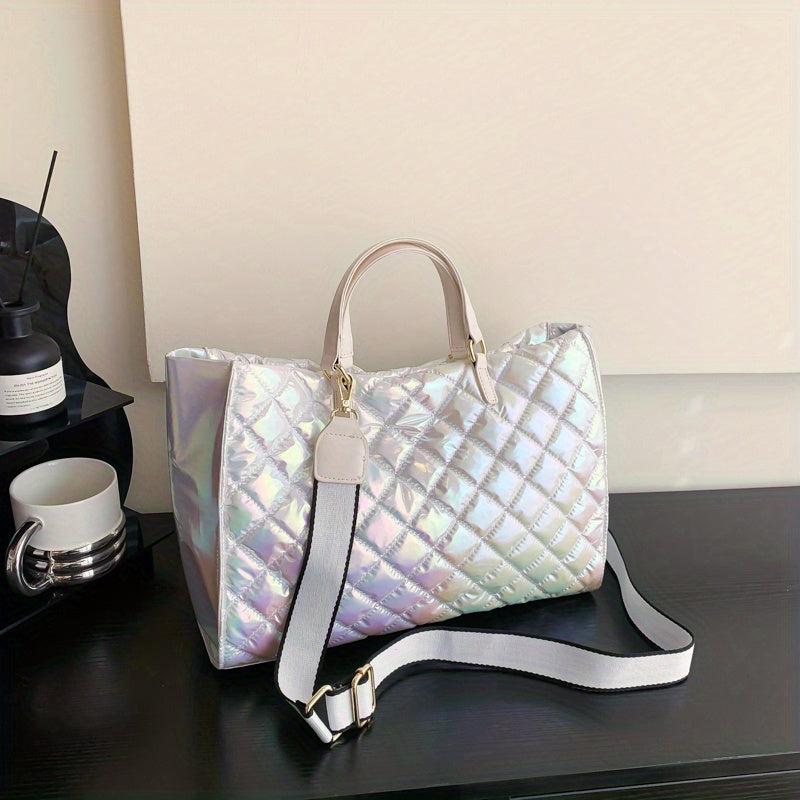 Argyle Detail Large Tote Bag Gradient Shoulder Bag Stylish Shoulder Bag