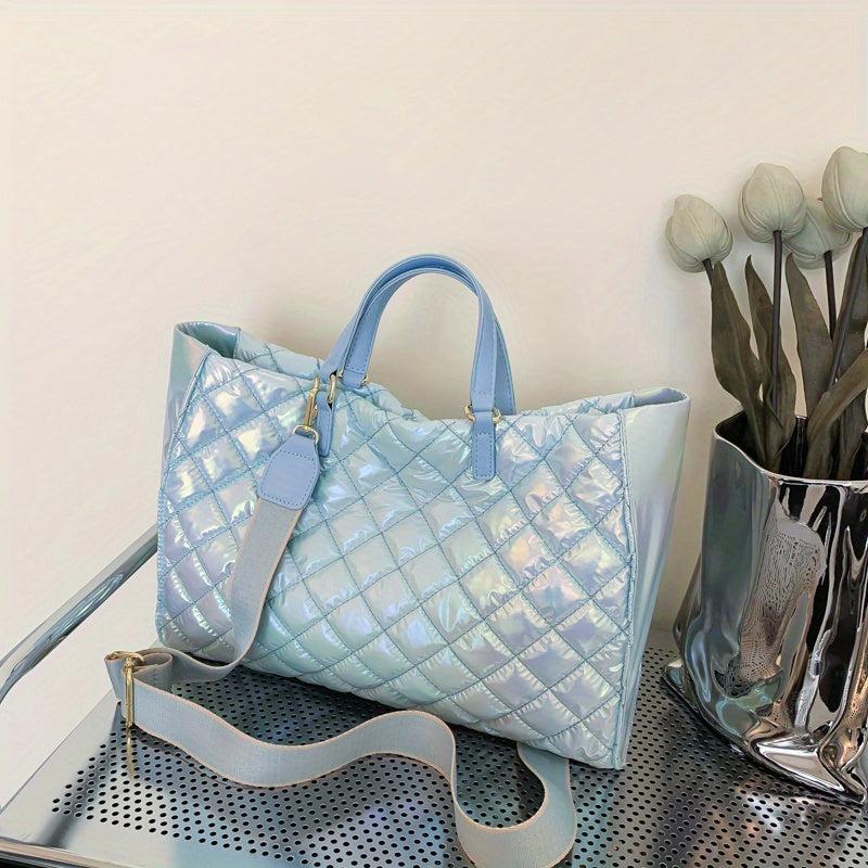 Argyle Detail Large Tote Bag Gradient Shoulder Bag Stylish Shoulder Bag