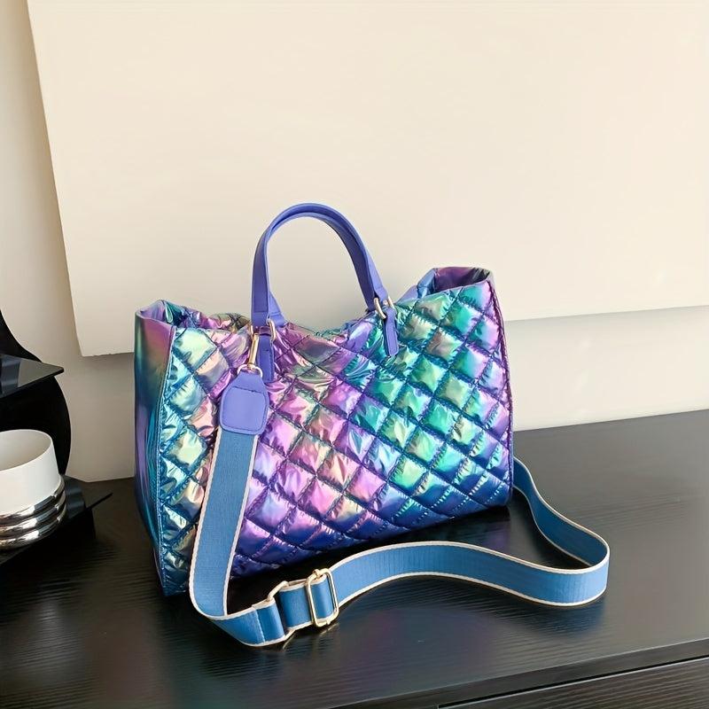 Argyle Detail Large Tote Bag Gradient Shoulder Bag Stylish Shoulder Bag