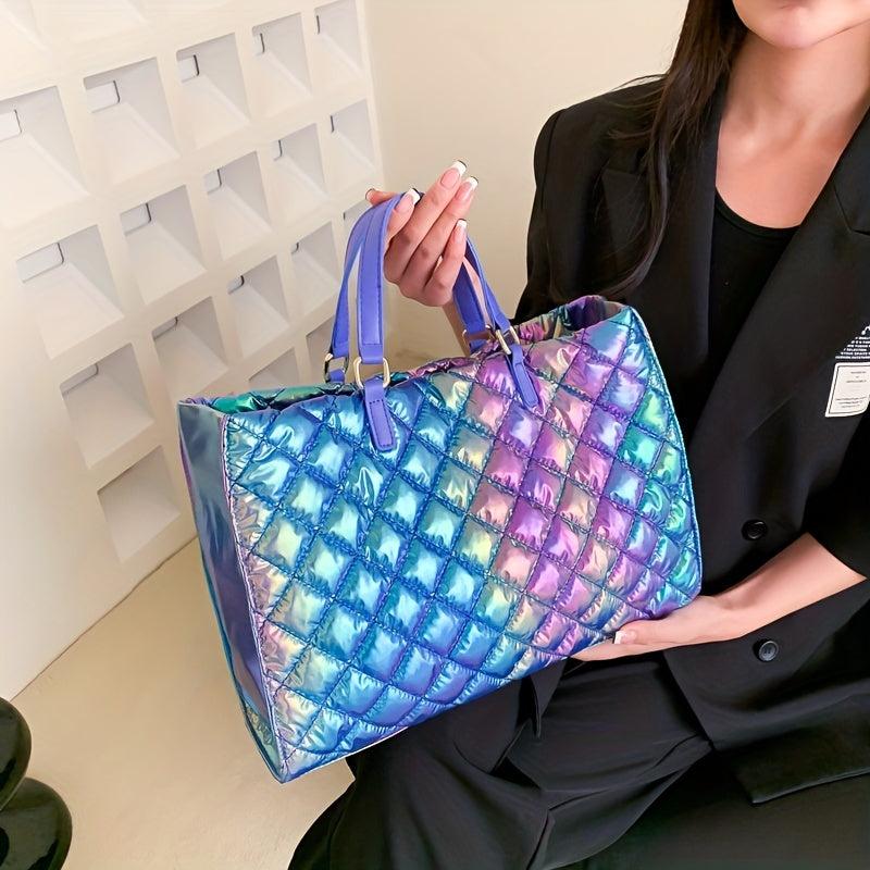 Argyle Detail Large Tote Bag Gradient Shoulder Bag Stylish Shoulder Bag