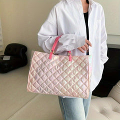 Argyle Detail Large Tote Bag Gradient Shoulder Bag Stylish Shoulder Bag