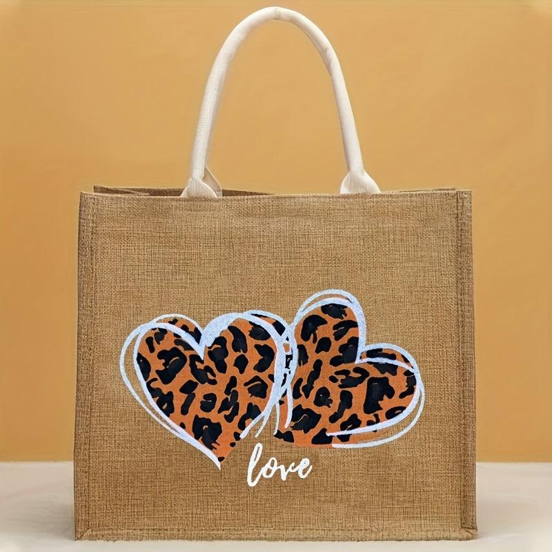 Leopard Heart Burlap Tote Bag Reusable Grocery Shopping Bag Lightweight Storage
