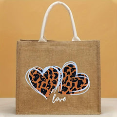 Leopard Heart Burlap Tote Bag Reusable Grocery Shopping Bag Lightweight Storage