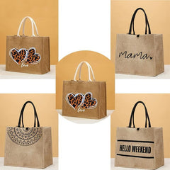 Leopard Heart Burlap Tote Bag Reusable Grocery Shopping Bag Lightweight Storage