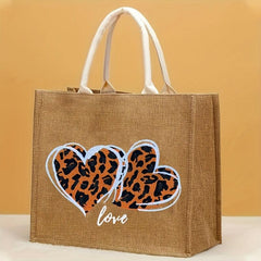Leopard Heart Burlap Tote Bag Reusable Grocery Shopping Bag Lightweight Storage