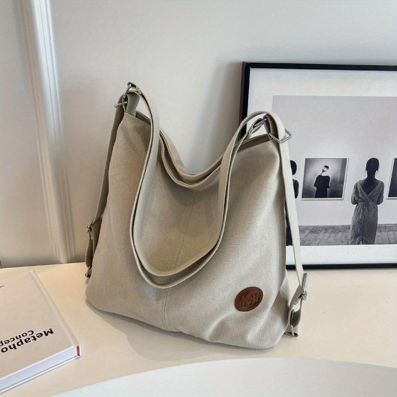 Vintage Canvas Tote Bag For Women Large Capacity Crossbody Bag Solid Hobo Bag