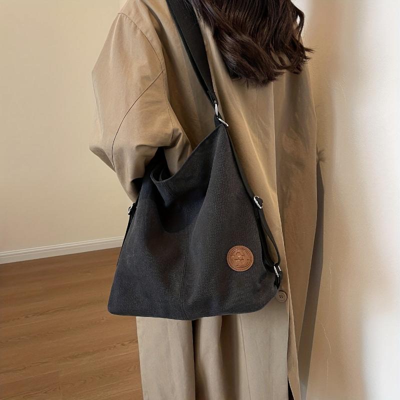 Vintage Canvas Tote Bag For Women Large Capacity Crossbody Bag Solid Hobo Bag