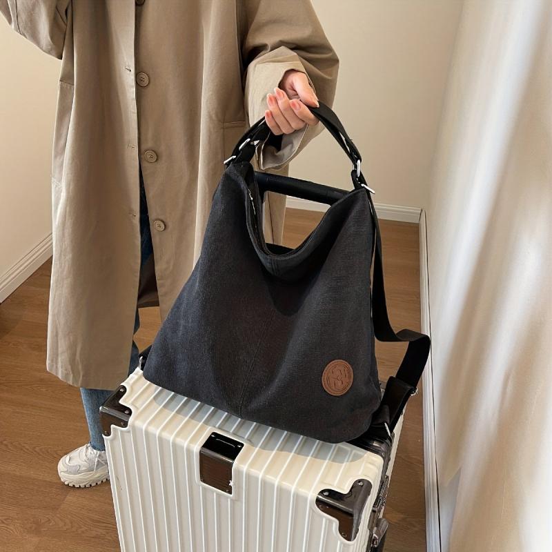 Vintage Canvas Tote Bag For Women Large Capacity Crossbody Bag Solid Hobo Bag