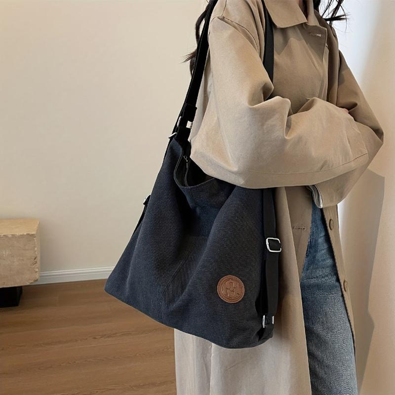 Vintage Canvas Tote Bag For Women Large Capacity Crossbody Bag Solid Hobo Bag