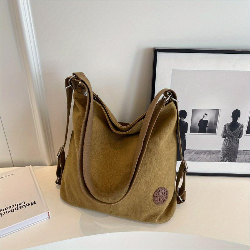 Vintage Canvas Tote Bag For Women Large Capacity Crossbody Bag Solid Hobo Bag