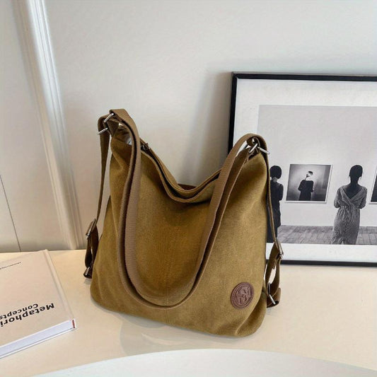 Vintage Canvas Tote Bag For Women Large Capacity Crossbody Bag Solid Hobo Bag