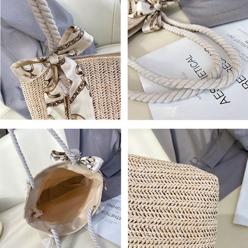 Minimalist Bohemian Shoulder Straw Bag Woven Tote Bag With Scarf Decor
