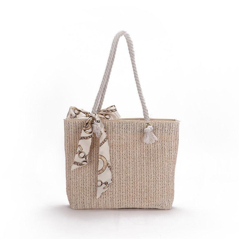 Minimalist Bohemian Shoulder Straw Bag Woven Tote Bag With Scarf Decor