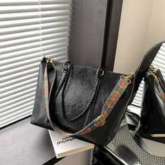 Vintage Tote Bag Large Capacity Shoulder Bag Retro Pattern Wide Strap