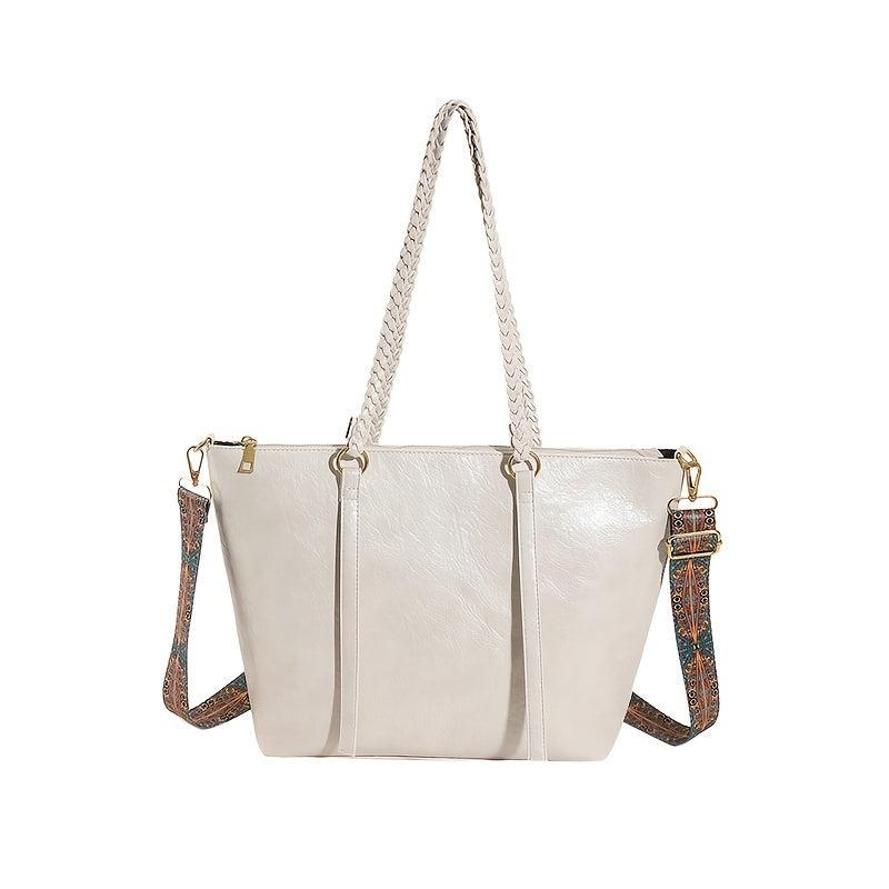 Vintage Tote Bag Large Capacity Shoulder Bag Retro Pattern Wide Strap