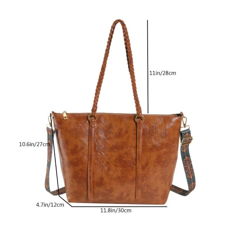 Vintage Tote Bag Large Capacity Shoulder Bag Retro Pattern Wide Strap