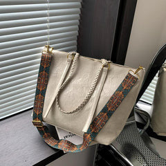 Vintage Tote Bag Large Capacity Shoulder Bag Retro Pattern Wide Strap
